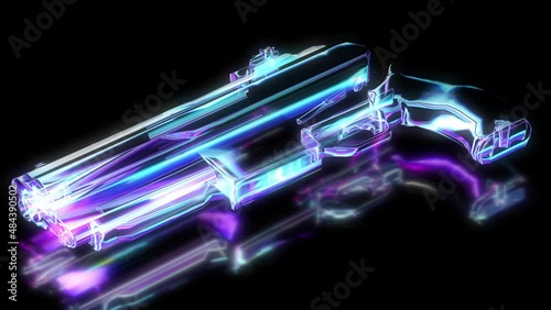 Cyberpunk sky-fi HUD digital weapon. 3d render of a gun in neon colors. 4K footage photo