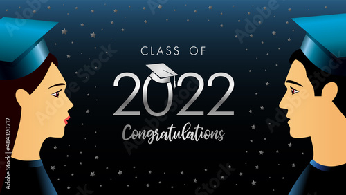 2022 class of graduate, students with square academic cap. Graduation 2022 vector image on darck blue background for congratulation ceremony