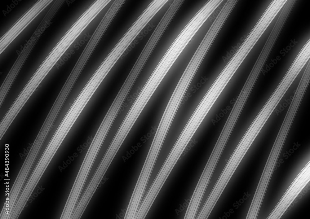 Obraz premium Abstract art background black color with wavy silver neon lines. Backdrop with curve fluorescent gray ribbon.
