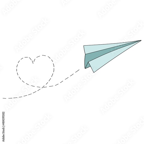 paper airplane with heart shaped trail, design element for valentine's day