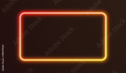 Gradient neon rectangle, orange-yellow glowing border isolated on a dark background. Colorful night banner, vector light effect. Bright illuminated shape.