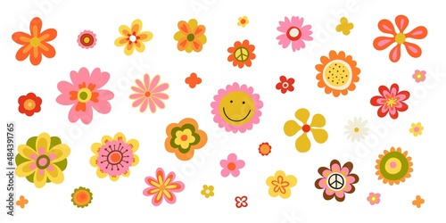 Hippie flowers set. Hippy style blossoms, retro vintage hand drawn decorative elements, 60s and 70s abstract flower, bright colors childish cute decor, doodle objects peace and funny faces vector