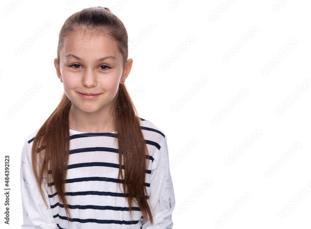 Portrait of a happy smiling child girl. Cute 8 years old girl Isolated over white background Portrait of a happy smiling child girl. Cute 8 years old girl Isolated over white background