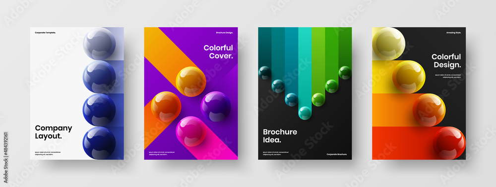 Creative company cover A4 vector design concept composition. Original realistic spheres corporate identity template bundle.