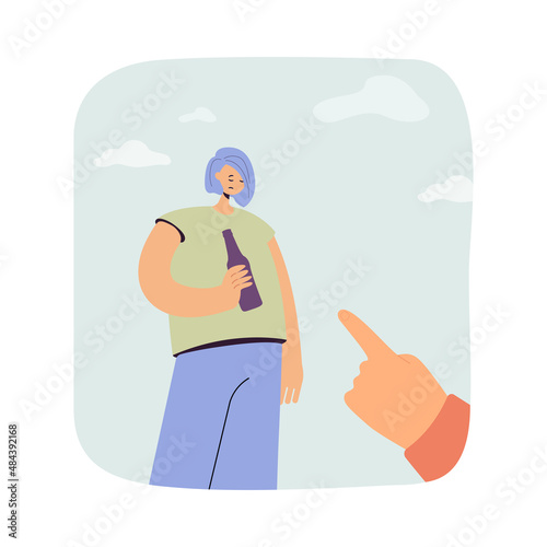 Hand pointing at sad woman with alcohol bottle flat vector illustration. Society blaming drunk girl or addicted person. Alcoholism, problem concept for banner, website design or landing web page