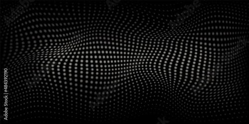 Futuristic Abstract Digital Wave of Particles. Wave Halftone and Technology Mesh on Dark Black Background. Futuristic Point Wave. Abstract Modern Design. Vector Illustration © Toxa2x2