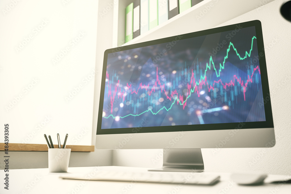 Modern computer display with abstract financial graph, financial and trading concept. 3D Rendering Modern computer display with abstract financial graph, financial and trading concept. 3D Rendering