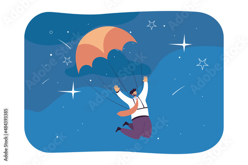 Cheerful businessman flying with parachute in sky. Happy cartoon office worker skydiving flat vector illustration. Success, safety, risk concept for banner, website design or landing web page