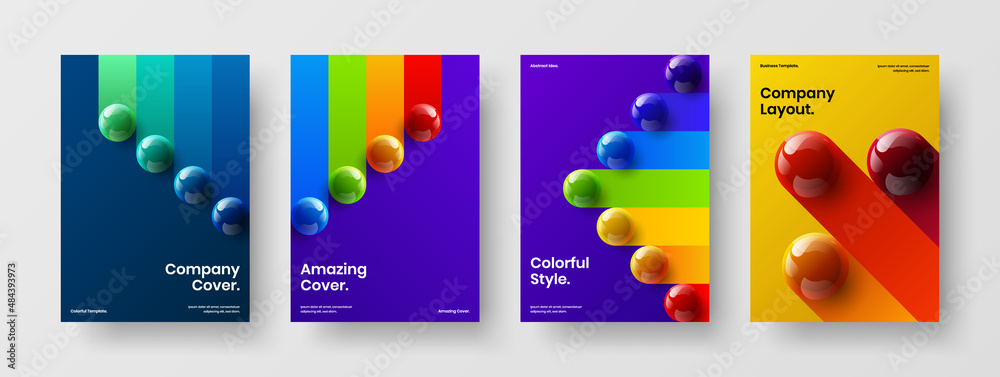 Amazing 3D balls postcard template set. Vivid company cover design vector illustration composition.