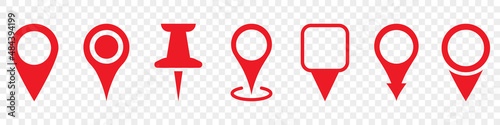 Red Location Pointer Set on Transparent Background. Map Marker Points Icon. Red GPS Tag and Thumbtack Sign Collection. Pointer Navigation Symbol. Isolated Vector Illustration