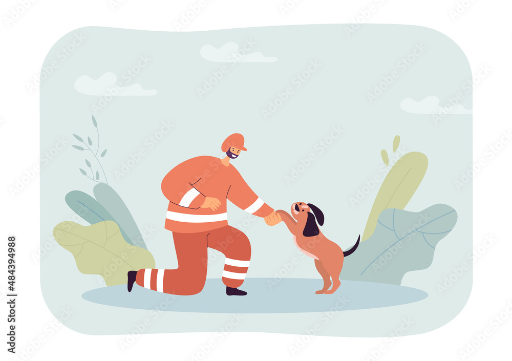 Happy cartoon fireman holding paw of cute dog. Male character in red uniform playing with puppy flat vector illustration. Protection, animals, nature concept for banner, website design or landing page Happy cartoon fireman holding paw of cute dog. Male character in red uniform playing with puppy flat vector illustration. Protection, animals, nature concept for banner, website design or landing page