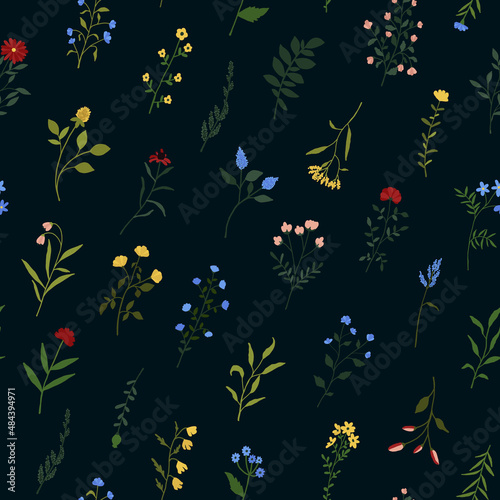 Seamless pattern with wildflowers. Wild flowers floral botanical print. Meadow and field herbs textile. Delicate summer flowers print for bed linen  fabric  textile  wrapping paper on black background