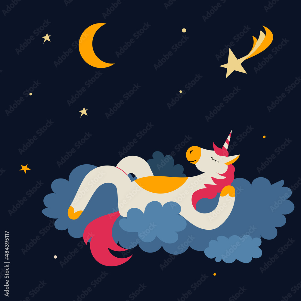 Fairytale unicorn sleeps at night on a cloud under a shooting star