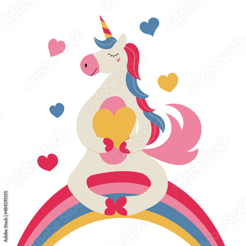 relaxed unicorn holding a big heart sitting on a rainbow