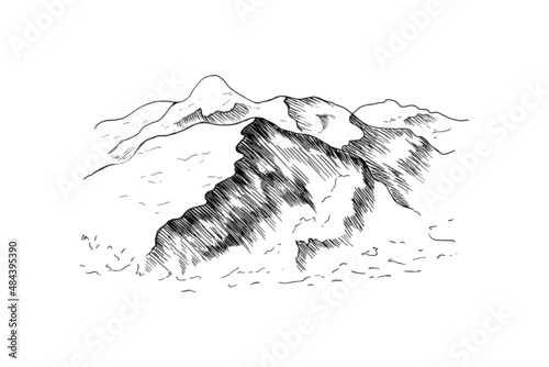 Hand drawn mountain landscape.Peaks, rocks and hills in the snow. Ski resort.