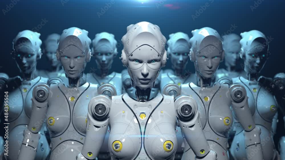 robots nodding their heads or listening to rhythmic music . allegorical animation on the theme of technology or artificial intelligence