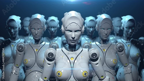 robots nodding their heads or listening to rhythmic music . allegorical animation on the theme of technology or artificial intelligence photo