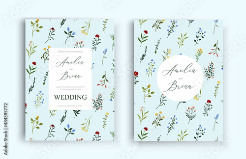 Save the date wedding invite card with wildflowers. Vector botanical floral bridal template border, cover, decorative invitation. Flat illustration