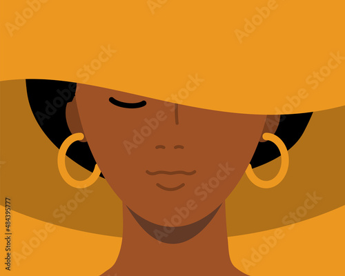 Elegant portrait of African American woman in a posh hat with wide brims. Illustration in a flat style
