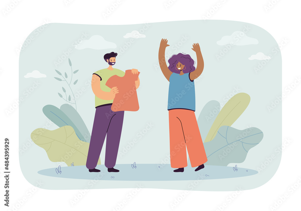 Man giving new T-shirt to girlfriend flat vector illustration. Happy woman raising hands up, rejoicing at gift from boyfriend. Present, love concept for banner, website design or landing web page