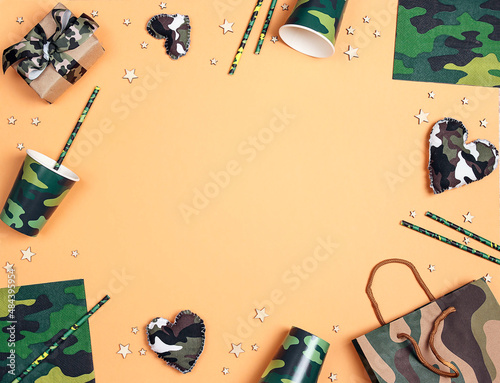 Festive frame for Defender of the Fatherland Day, February 23. Party camouflage set. photo