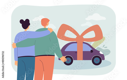 Couple looking at car tied with ribbon flat vector illustration. Wife and husband getting auto as gift or buying. Transportation, family, vehicle concept for banner, website design or landing web page