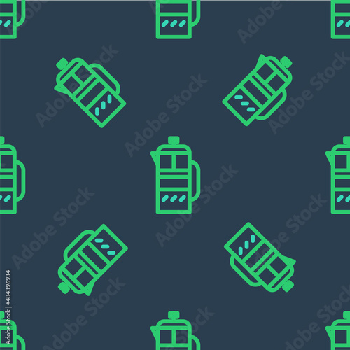 Line French press icon isolated seamless pattern on blue background. Vector