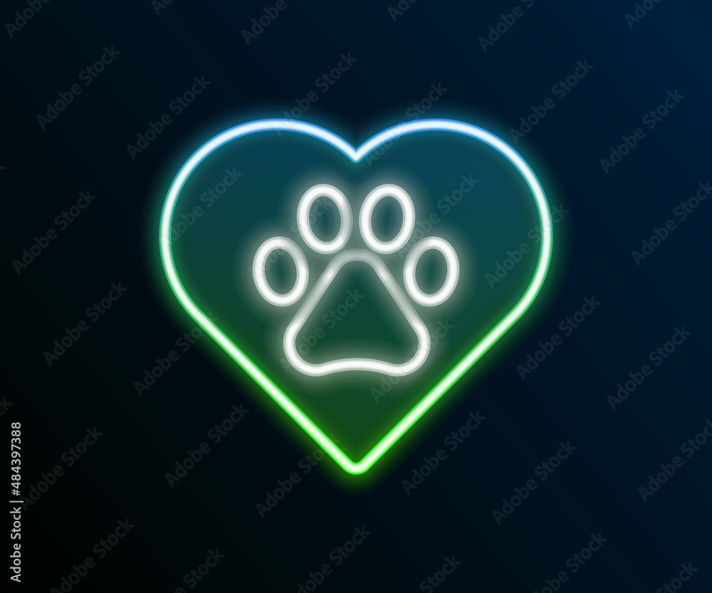 Glowing neon line Heart with animals footprint icon isolated on black background. Pet paw in heart. Love to the animals. Colorful outline concept. Vector Glowing neon line Heart with animals footprint icon isolated on black background. Pet paw in heart. Love to the animals. Colorful outline concept. Vector