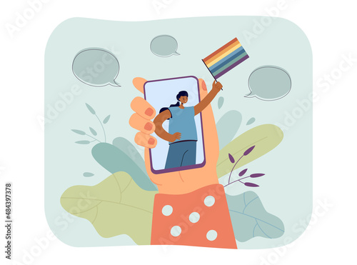 Hand holding phone with woman with rainbow flag on screen. Female activist supporting gay rights flat vector illustration. LGBT community, social media concept for banner or landing web page