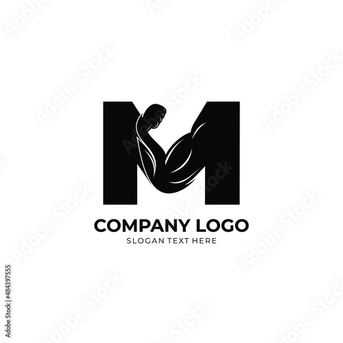 Letter M Logo With barbell bicep. Fitness Gym logo. Love fitness logo template. fitness vector logo design for gym and fitness