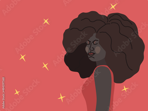 African American woman with black curly hair, fluffy hairstyle. Strong woman in red dress. Poster for International Women's Day, Womens History Month. Feminism, equality concept. Vector illustration