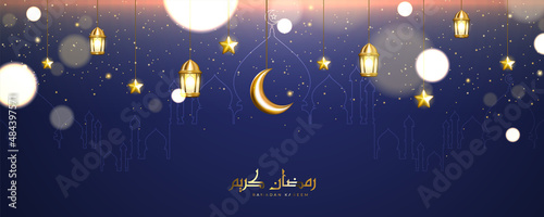 Beautiful Ramadan Kareem background with Arabic calligraphy and falling glitter particles. Islamic elements hanging on a dark background