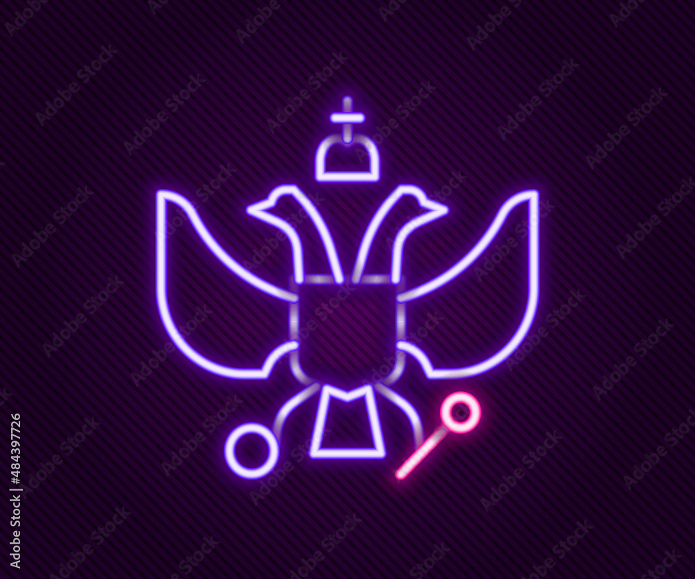Glowing neon line National emblem of Russia icon isolated on black background. Russian coat of arms two-headed eagle. Colorful outline concept. Vector Glowing neon line National emblem of Russia icon isolated on black background. Russian coat of arms two-headed eagle. Colorful outline concept. Vector