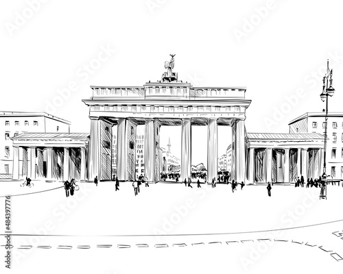 Germany. Berlin. Brandenburg Gate. Old building hand drawn sketch. Unusual perspective. City vector illustration