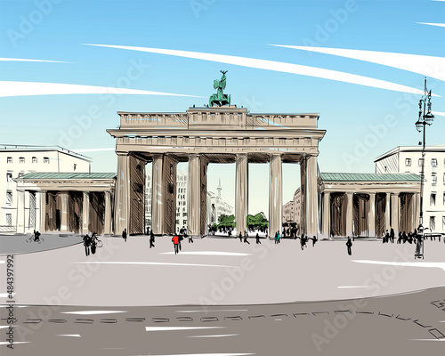 Germany. Berlin. Brandenburg Gate. Old building hand drawn sketch. Unusual perspective. City vector illustration