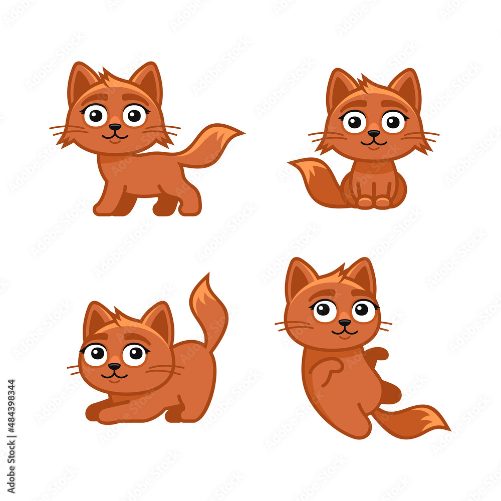 Red Cute Cats Set in Different Poses. Vector