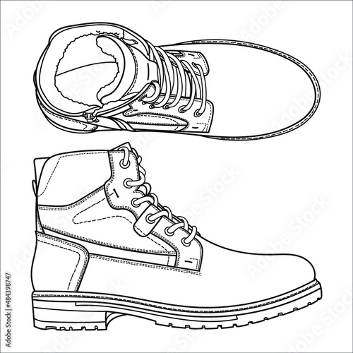 Outline winter man boots. Vector doodle illustration.