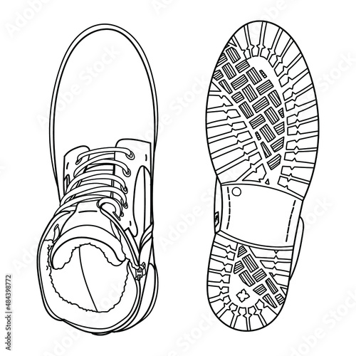 Hand drawn boots shoes. Doodle vector illustration. Bottom and above view.