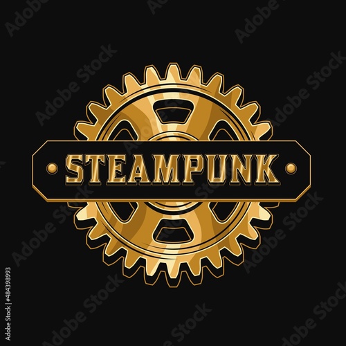 Bright colorful vintage label with glossy gold gearwheel and horizontal space for text. Round emblem in steampunk style.