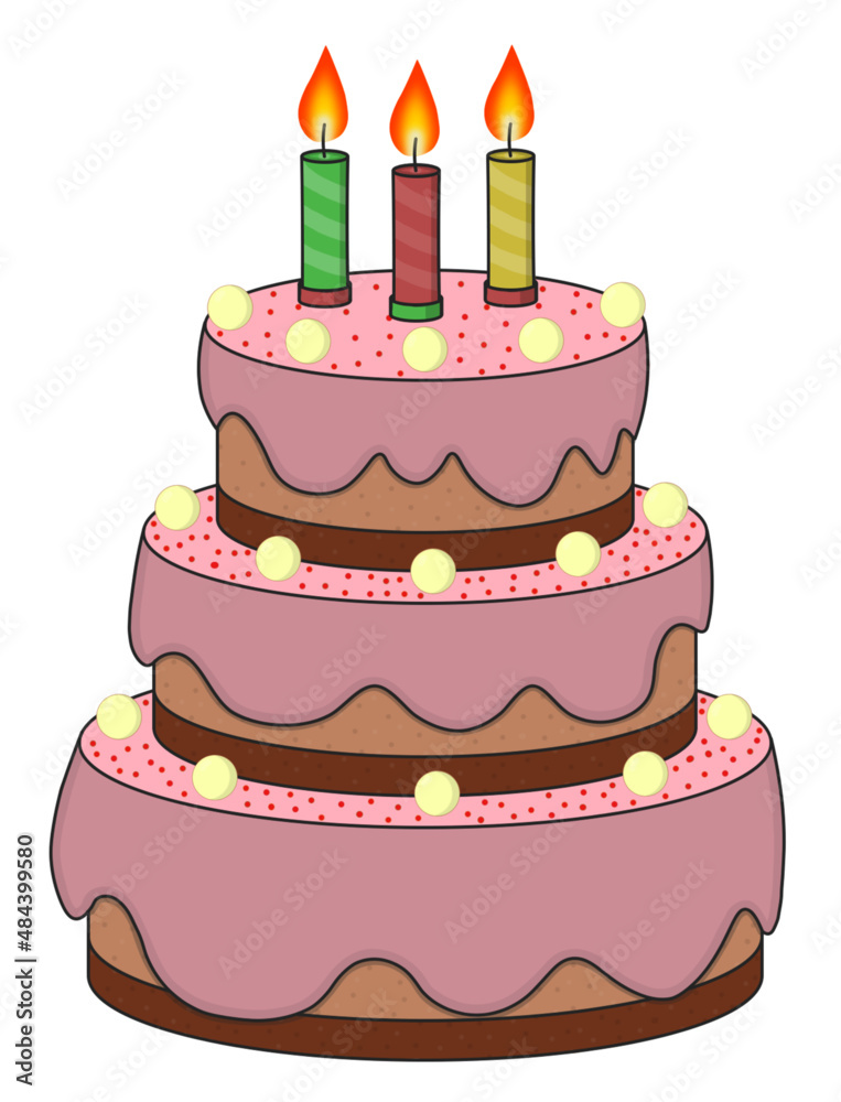 Cartoon style pink glaze birthday cake with 3 candles. Vector ...