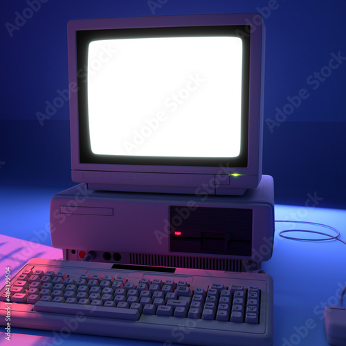 Retro PC with Glowing Blank Screen in Neon Lighting Close-Up. 3D Rendering.