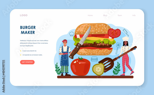 Burger house web banner or landing page. Chef cook tasty hamburger