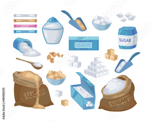 Granulated and cube sugar cartoon illustration set. Bag, block, pack and stick of brown and white sugar. Sugar in spoon and bowl isolated on white background. Sweet food, sucrose concept