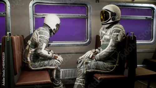 Tableau sur toile Astronauts fly on a space train through the universe at breakneck speed