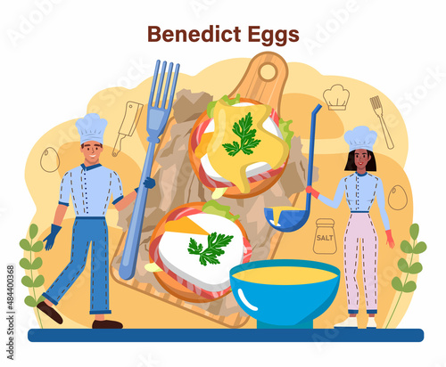 Tasty cooked eggs. Scrambled, fried, omelette and eggs benedict