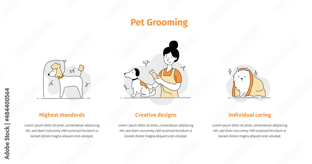Pet grooming salon icon set for mobile app, site template. Cute dog beauty grooming salon, wash, care hair of pet. Doodle line style animal and character. Vector illustration.