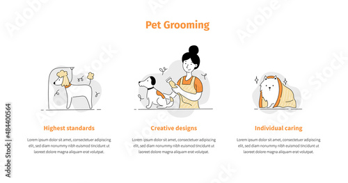Pet grooming salon icon set for mobile app, site template. Cute dog beauty grooming salon, wash, care hair of pet. Doodle line style animal and character. Vector illustration.