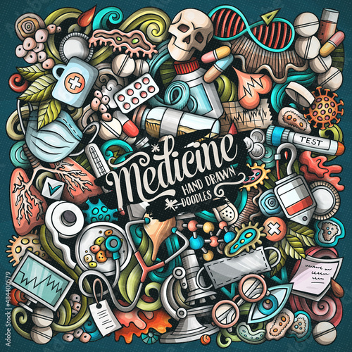 Medicine hand drawn vector doodles illustration. Medical poster design.