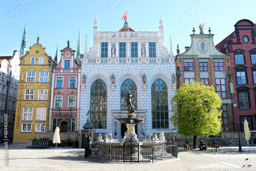 Old Town and Neptune's Fountain in beautiful summer scenery, Gdansk, Poland