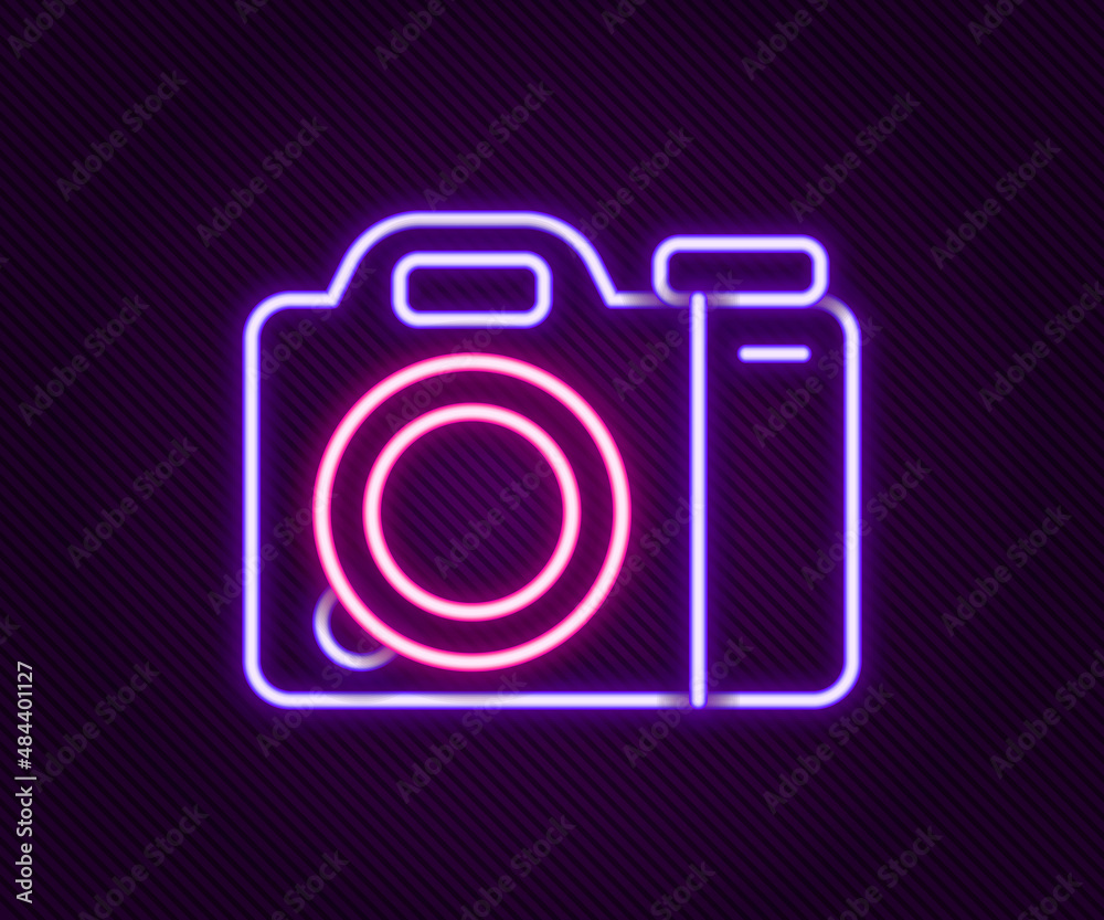 Glowing neon line Photo camera icon isolated on black background. Foto camera. Digital photography. Colorful outline concept. Vector Glowing neon line Photo camera icon isolated on black background. Foto camera. Digital photography. Colorful outline concept. Vector